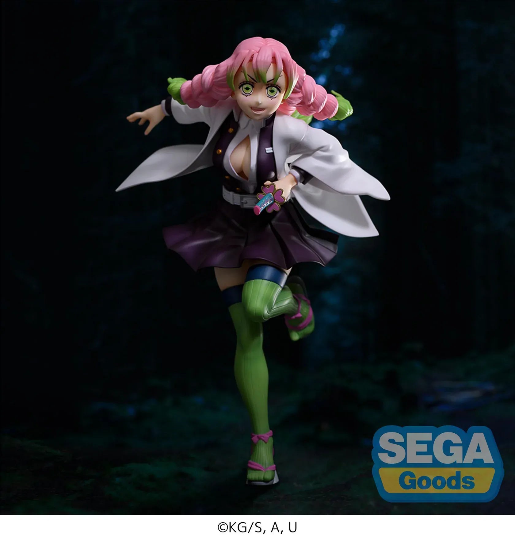 Demon Slayer Kimetsu no Yaiba FiGURiZMa Mitsuri Kanroji Figure Rerelease in dynamic pose with pink and green braided hair