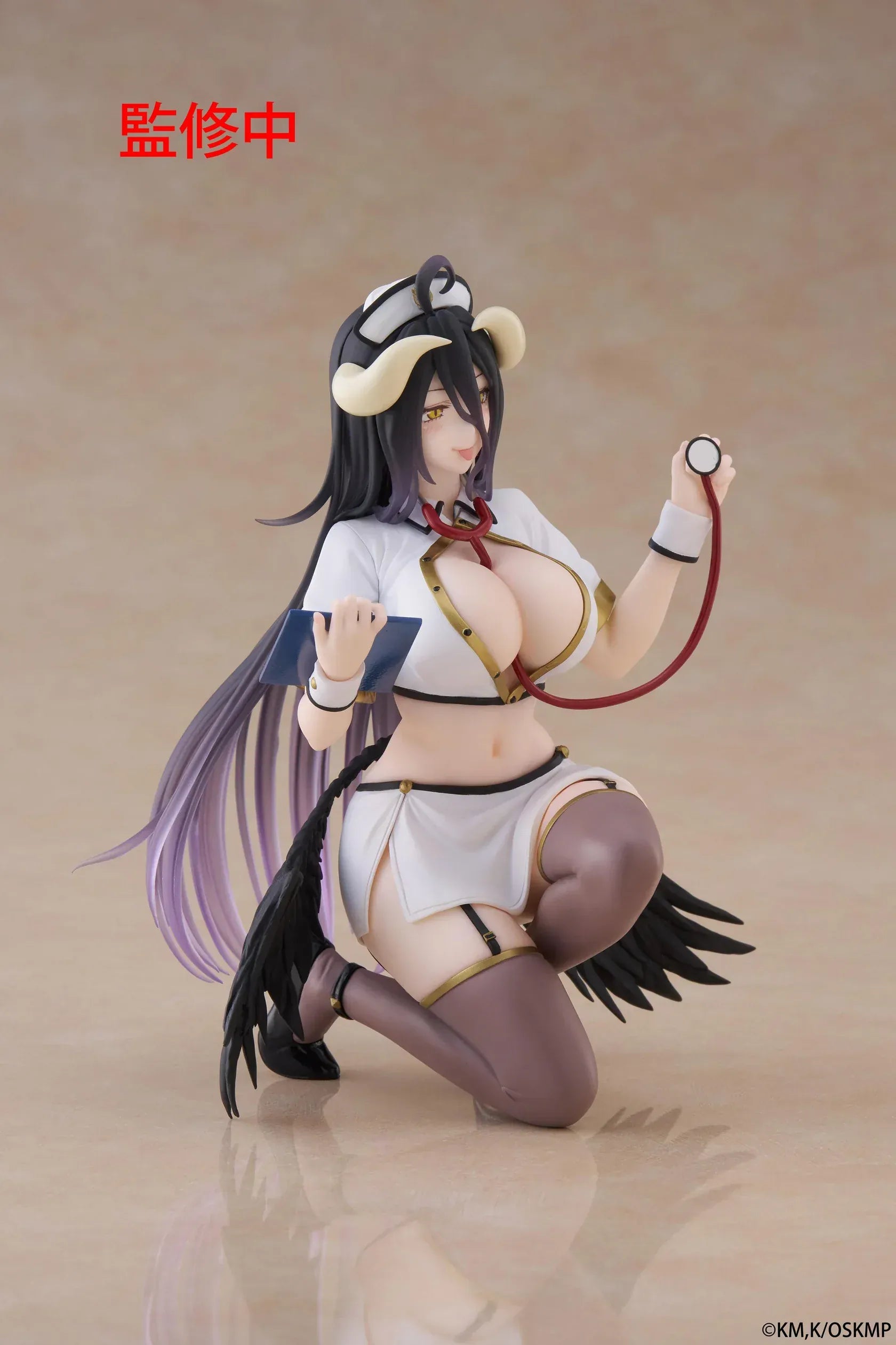 Overlord Desktop Cute Albedo (Nurse Ver.) Figure featuring Albedo in a white nurse outfit with wings, stethoscope, and elegant smile.