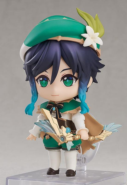 Genshin Impact Nendoroid Venti Figure Rerelease featuring Venti with green outfit, bard hat, braided teal hair accents, winking expression, and lyre accessory.