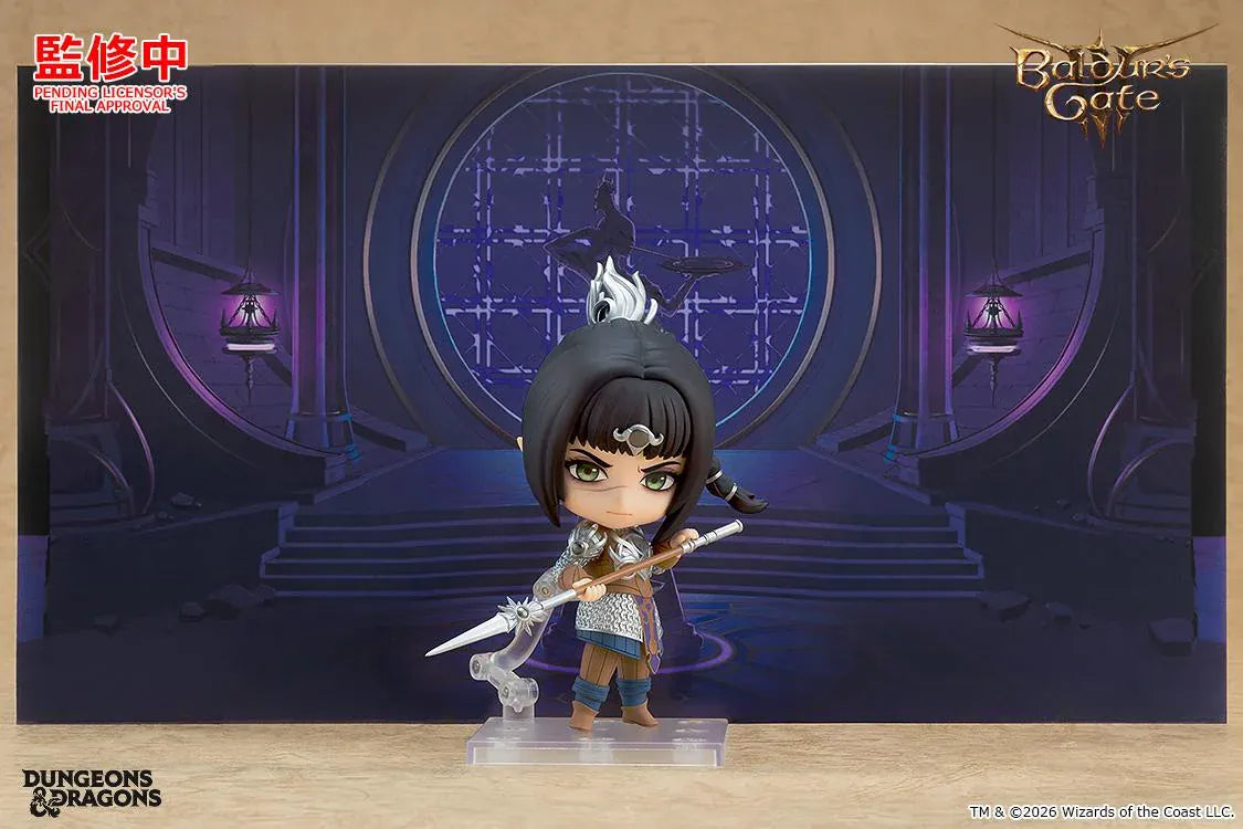 Baldur's Gate III Nendoroid Shadowheart figure wearing detailed cleric armor while holding a spear and the Astral Prism accessory