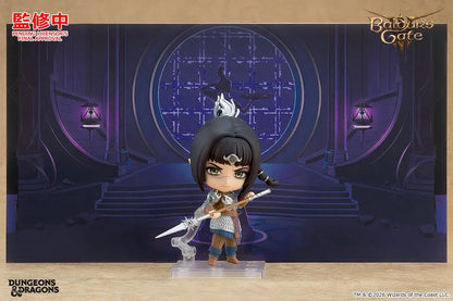 Baldur's Gate III Nendoroid Shadowheart figure wearing detailed cleric armor while holding a spear and the Astral Prism accessory