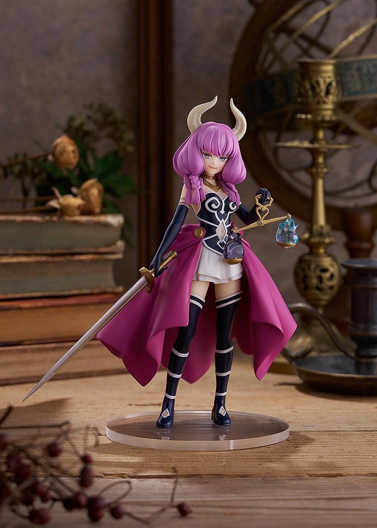 Frieren Beyond Journey's End POP UP PARADE Aura Figure with pink hair, horns, magenta cape, sword, and scale accessory