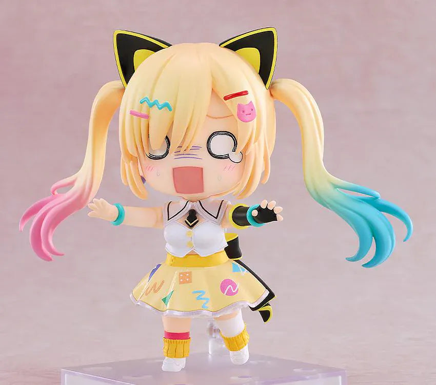BanG Dream Nendoroid Arale Nakamachi Figure with blonde twin-tails, cat-ear accessories, colorful outfit, megaphone accessory, and chibi display base