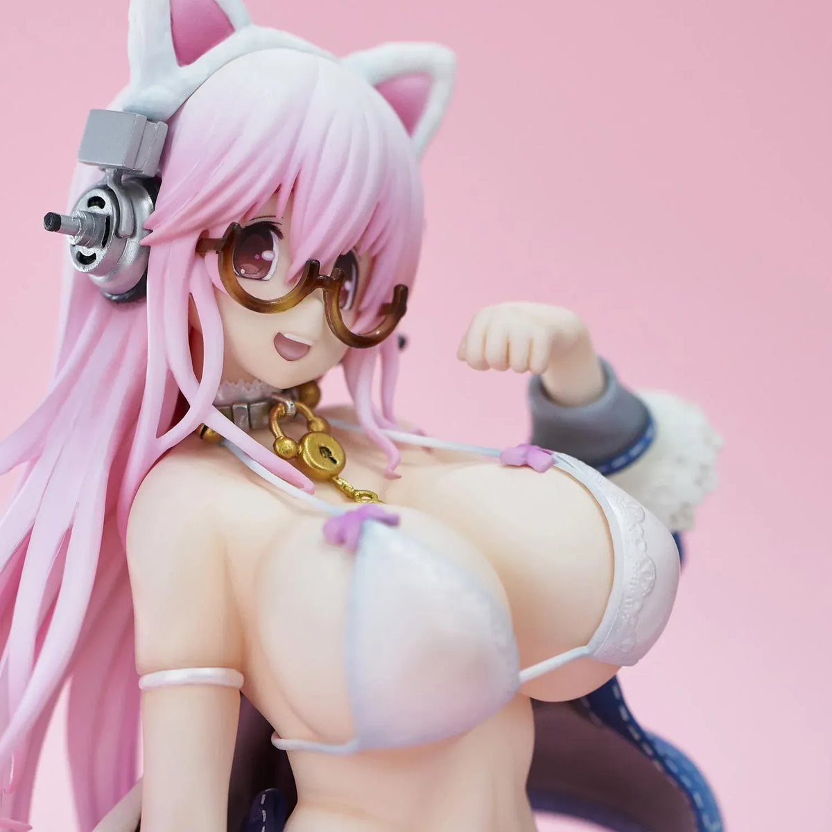 Super Sonico White Cat Ver. figure with pink hair, cat ears, glasses, blue jacket, white outfit, and milk bowl on a clear base.