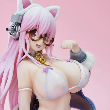 Super Sonico White Cat Ver. figure with pink hair, cat ears, glasses, blue jacket, white outfit, and milk bowl on a clear base.