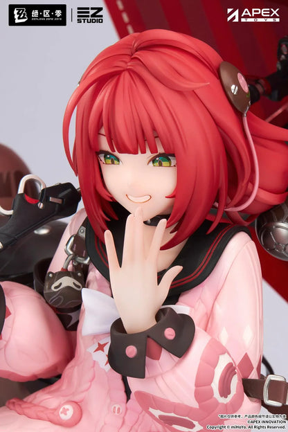Zenless Zone Zero Yuzuha Ukinami 1/7 Scale Figure by APEX Toys featuring a red-haired anime girl with long braided twin-tails, green eyes, a pink jacket, layered red skirt, striped thigh-high stockings, and black boots while holding a large red umbrella on a circular display base.