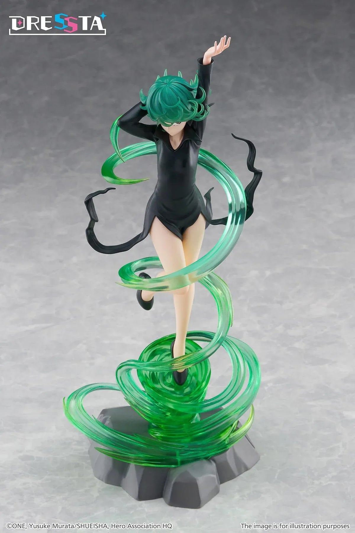 Terrible Tornado Dressta figure floating in a black dress surrounded by translucent green psychic energy effects on a rocky base.