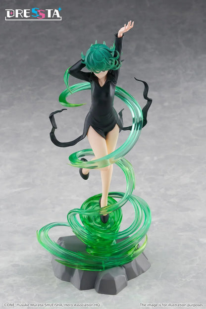 Terrible Tornado Dressta figure floating in a black dress surrounded by translucent green psychic energy effects on a rocky base.