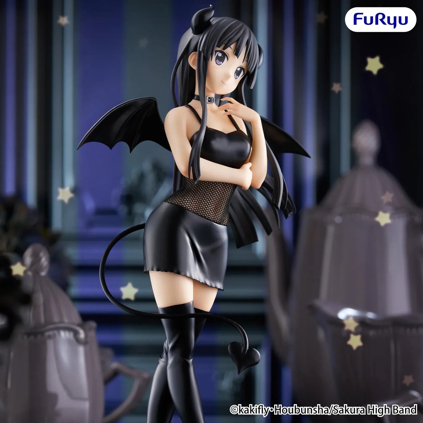 K-On! BiCute Dark Mio Akiyama figure featuring long black hair, devil horns, bat wings, black outfit, and heart-tipped tail
