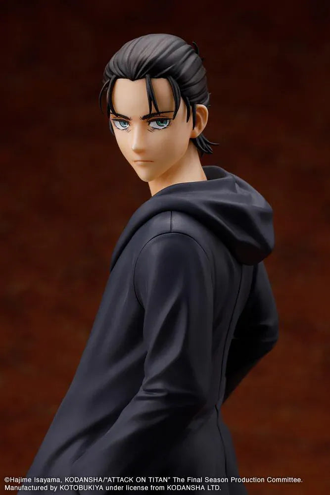 Attack on Titan Oshi Works Eren Yeager The Final Season Ver. Figure featuring Eren with slicked-back hair, dark coat, serious expression, and display base.