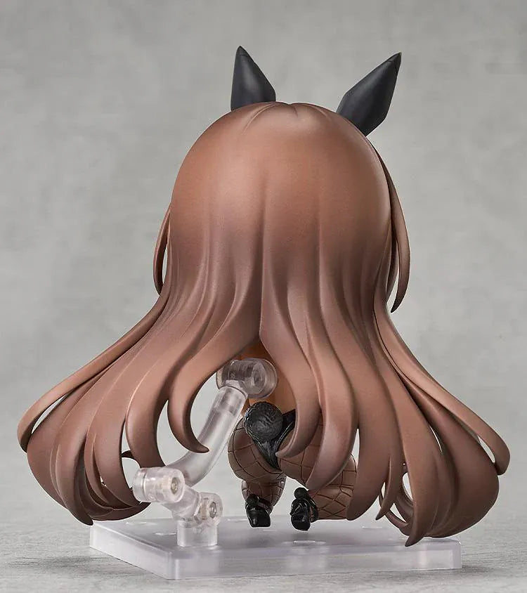 GODDESS OF VICTORY NIKKE Nendoroid Noir Figure featuring Noir in a black bunny outfit with long brown hair, fishnet stockings, and a weapon accessory.