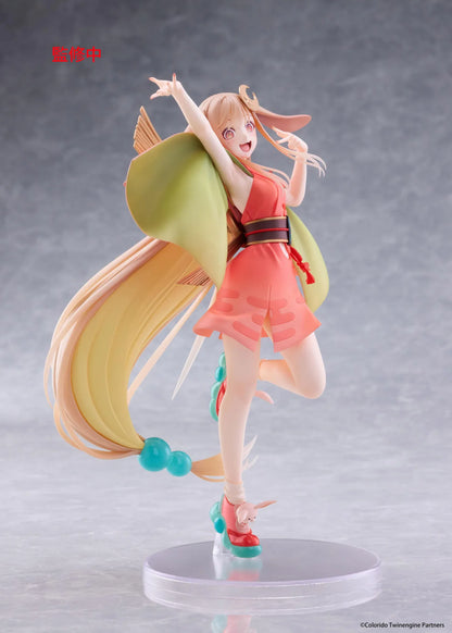 Cosmic Princess Kaguya! Kaguya VR Ver. Coreful Figure featuring a blonde-haired anime girl with pink eyes, long flowing hair, bunny ears, a crescent moon hair accessory, a coral-pink outfit with green sleeves, and colorful shoes in an energetic pose on a transparent circular base.