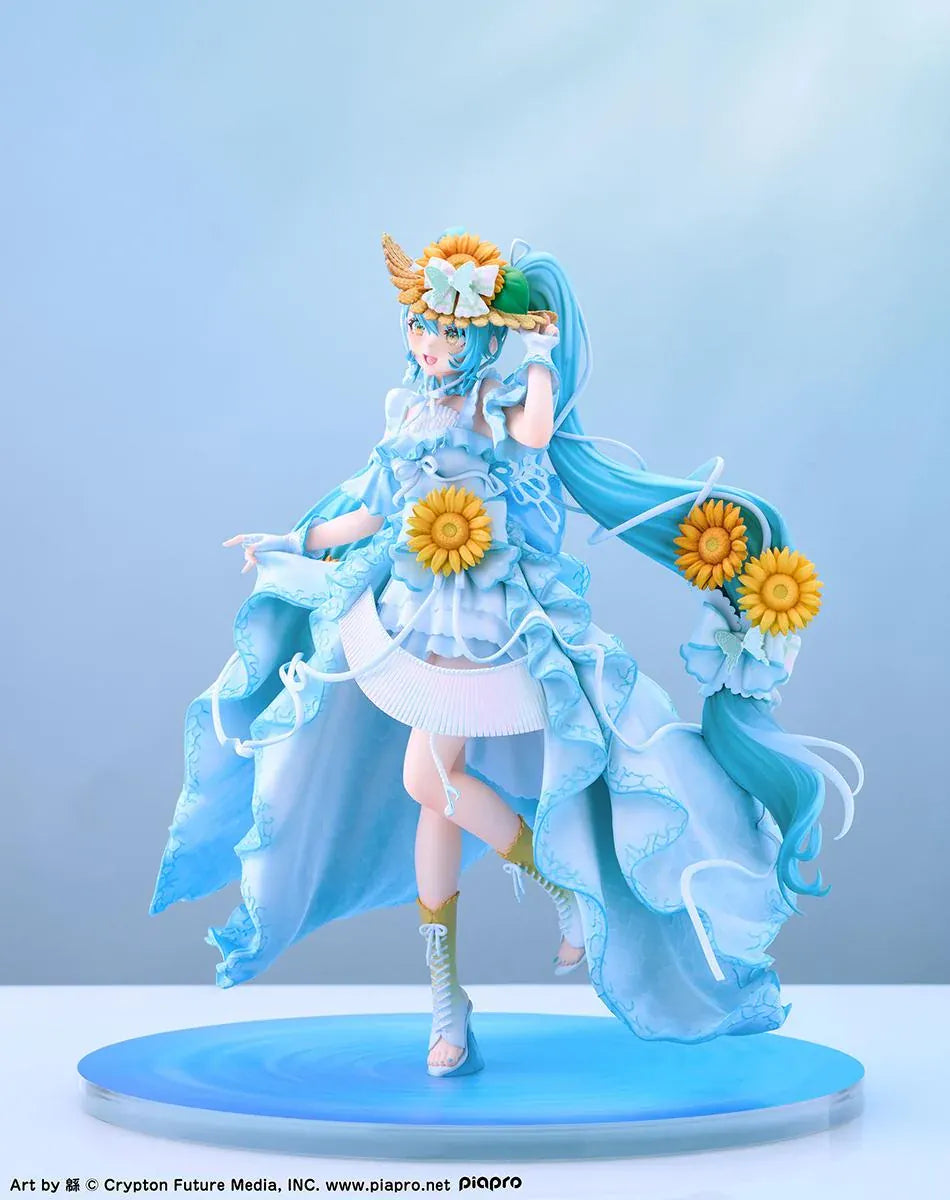Vocaloid Hatsune Miku Magical Mirai 2026 Ver. 1/7 scale figure wearing a flowing blue dress decorated with sunflowers and elegant ribbons