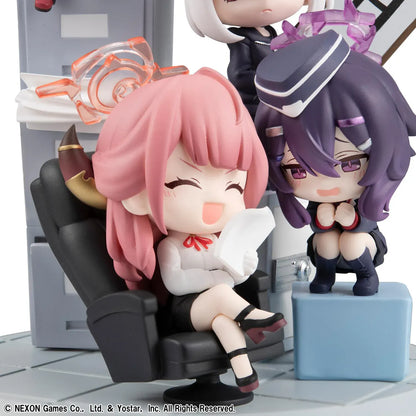Blue Archive FigUnity Figure featuring multiple chibi-style Blue Archive characters in an office-themed diorama display with furniture, signboard, and colorful effect parts.