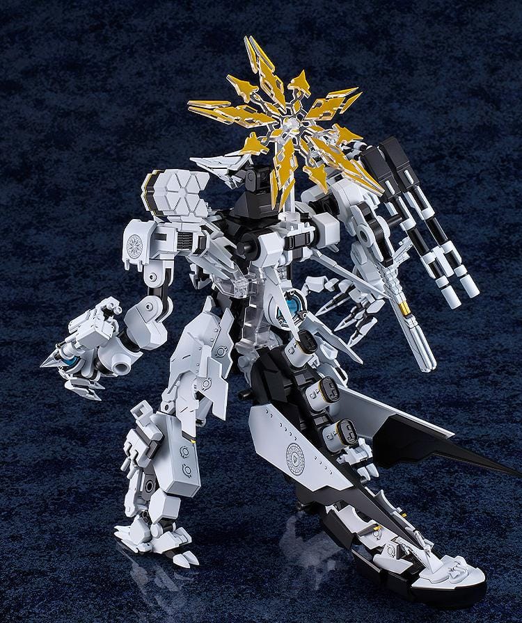 Blue Archive MODEROID Daath Model Kit featuring a white and black armored mecha design with gold effect parts and detailed mechanical styling