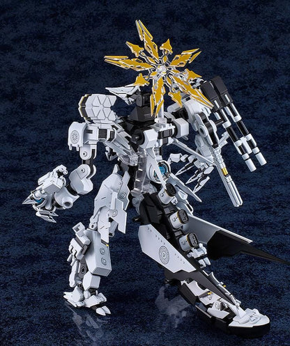 Blue Archive MODEROID Daath Model Kit featuring a white and black armored mecha design with gold effect parts and detailed mechanical styling