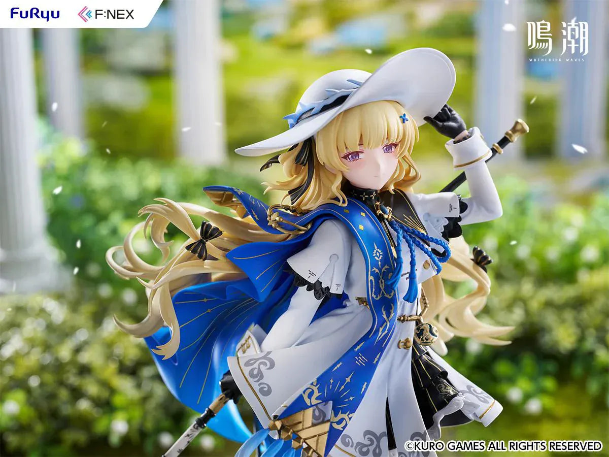 Wuthering Waves Phoebe 1/7 scale figure by FuRyu F:NEX featuring blue and white outfit with staff on floral garden base