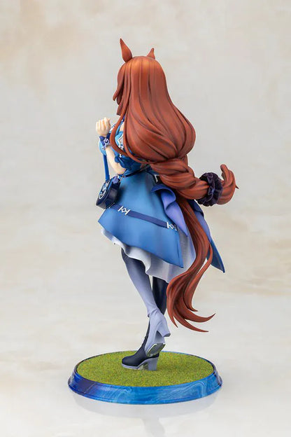 Uma Musume Pretty Derby Super Creek 1/7 Scale Figure featuring Super Creek in a blue-and-white outfit with red hair, horse ears, tail, and a cheerful pose on a themed base.