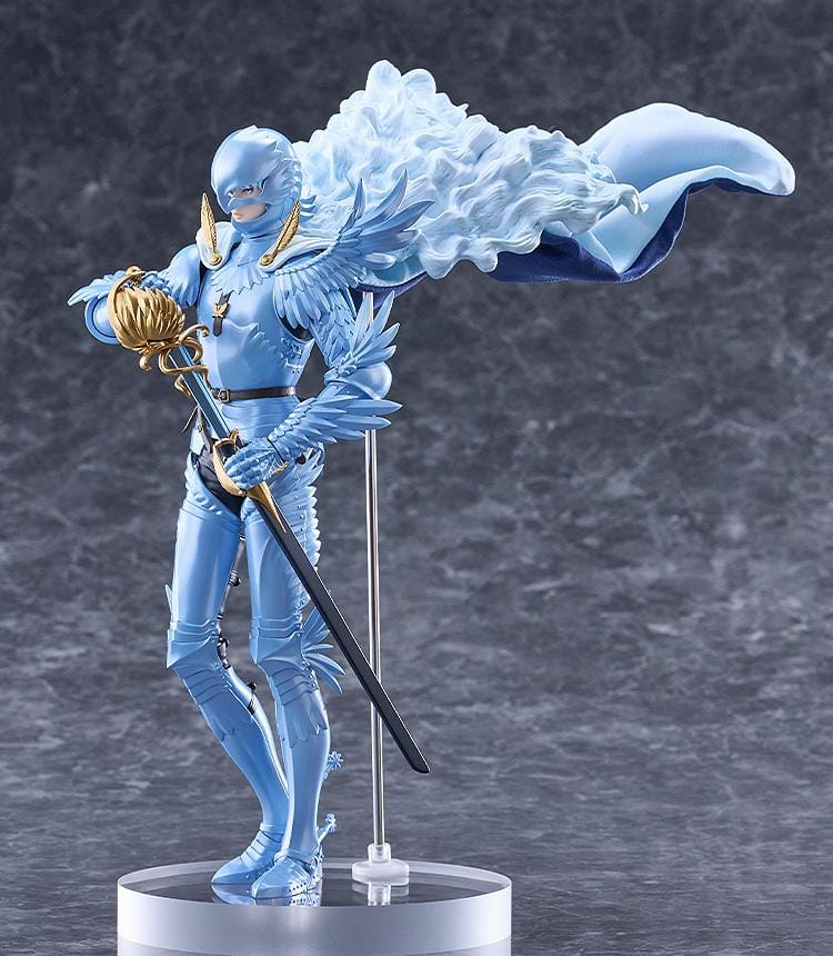 Berserk Guts and Griffith figure set, with Guts crouching in black armor holding a massive sword and Griffith standing in pale blue armor with flowing white hair.