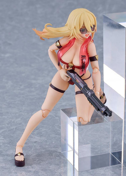 BUNNY SUIT PLANNING figma Veronica Sweetheart Swimsuit Ver. Figure with blonde hair, red swimsuit, sunglasses, platform sandals, and weapon accessory