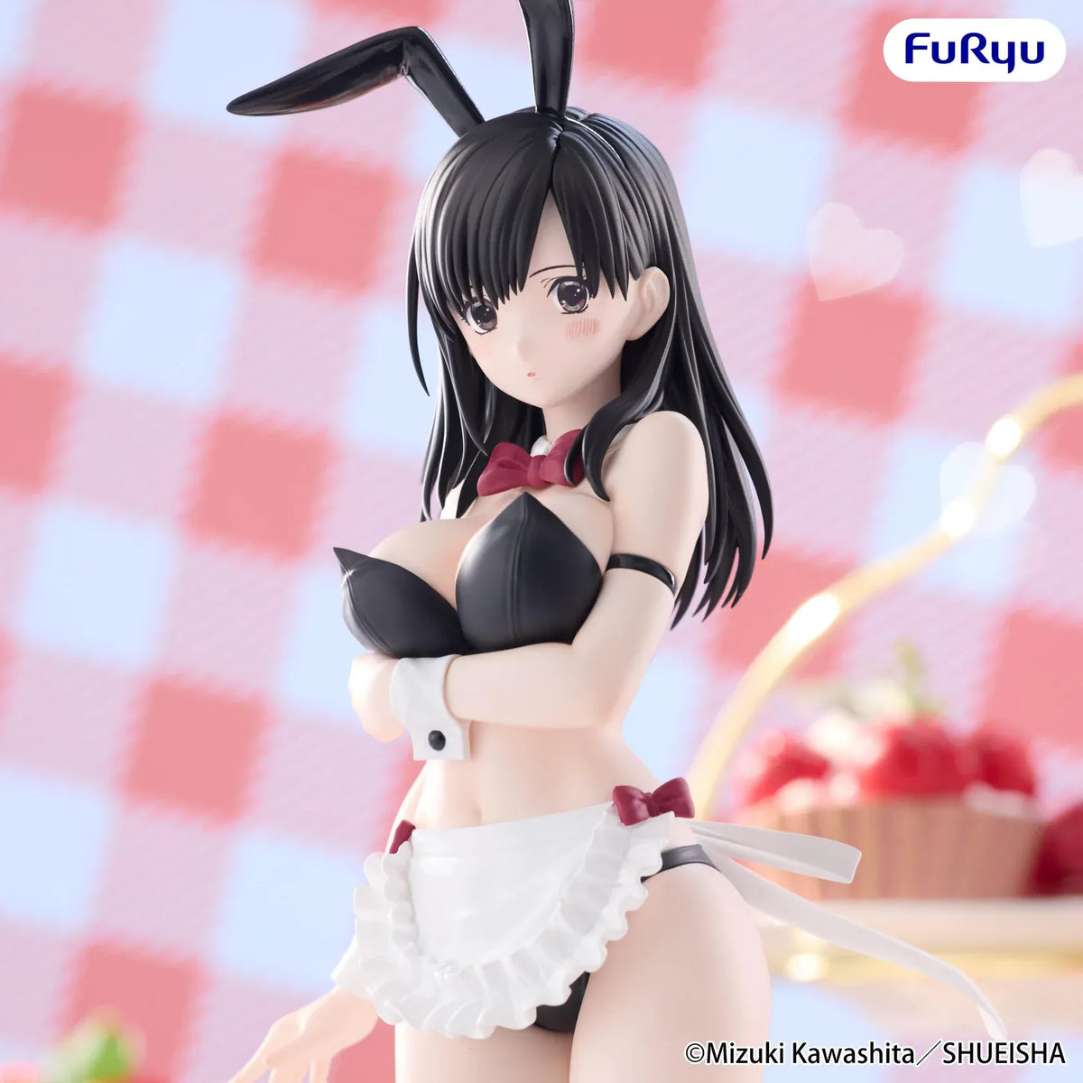 Strawberry 100% Aya Toujou BiCute Bunnies figure with black bunny ears, dark hair, a white ruffled apron, burgundy bows, and patterned stockings.