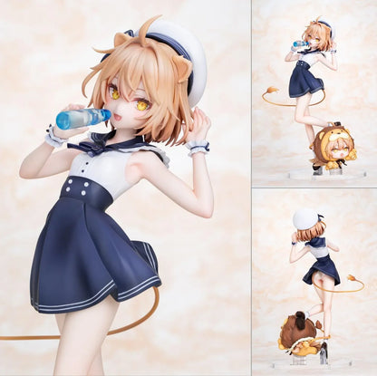 Rurudo Lion Marine Sailor Ver. figure in a navy and white sailor dress and hat, holding a blue bottle beside a chibi lion companion.