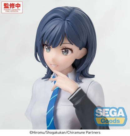 Chitose Is in the Ramune Bottle Yuzuki Nanase Premium Perching Figure by SEGA Goods featuring Yuzuki seated in a school uniform with blue plaid skirt and black jacket.