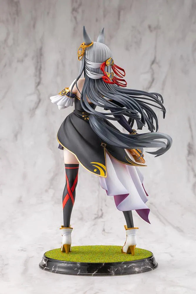 Umamusume Pretty Derby Chrono Genesis 1/7 Scale Figure featuring a silver-gray-haired horse girl with blue eyes, horse ears, and a flowing white, black, red, and gold racing outfit standing on a grassy display base.