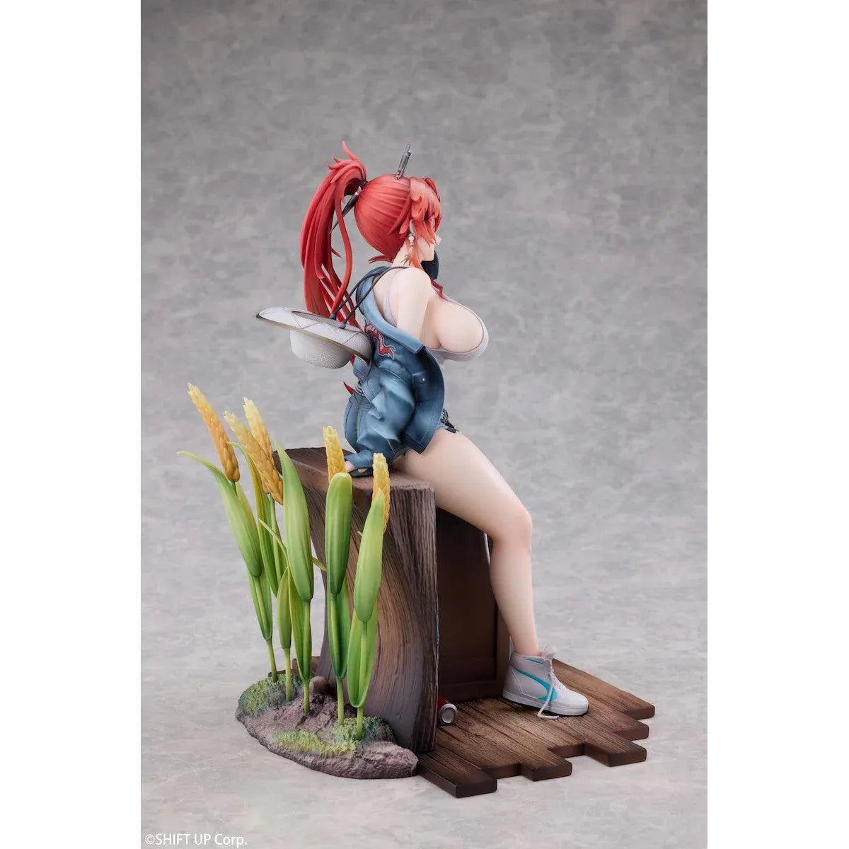 Goddess of Victory Nikke Red Hood Retro Days Deluxe Ver. 1/7 Scale Figure with long red hair, casual outfit, seated pose, and retro diorama base
