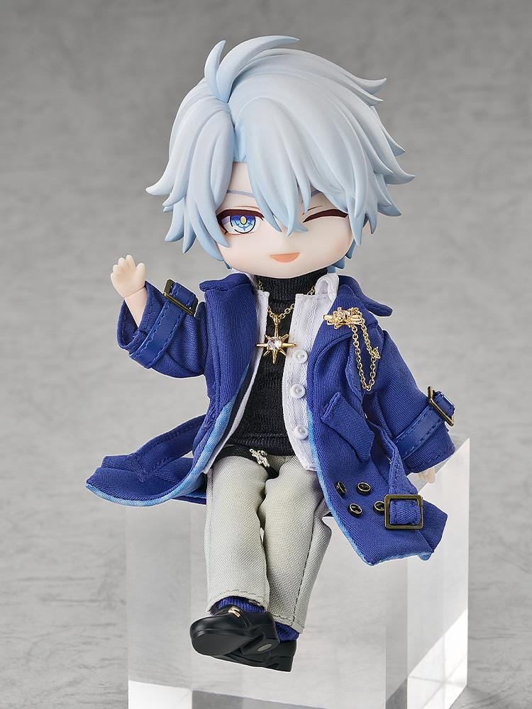 Honkai Star Rail Nendoroid Doll Phainon Express Travel Ver. featuring Phainon with silver-blue hair, blue coat, fabric-style outfit, gold accessories, and wink expression.