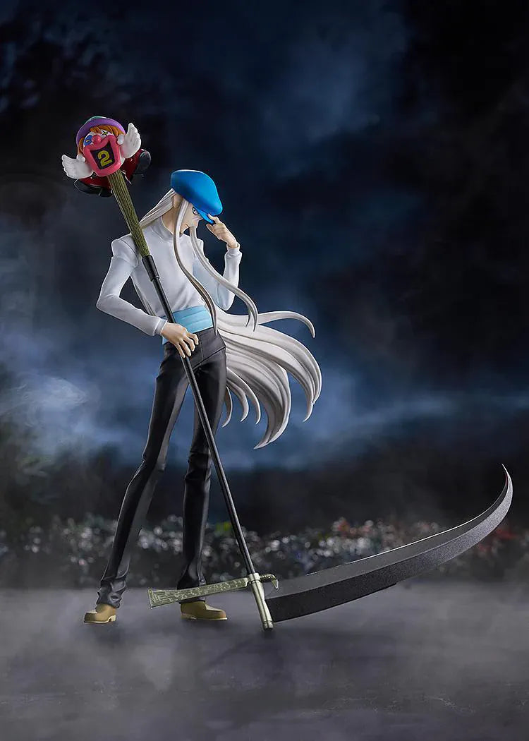 HUNTER x HUNTER POP UP PARADE Kcyytt Kite Figure featuring Kite with long silver hair, blue cap, white shirt, and large scythe weapon accessory.