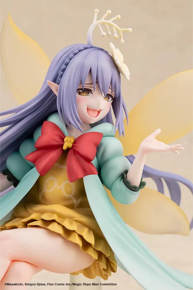 Magic Repo Man Empee 1/1 Scale Figure featuring a cheerful lavender-haired fairy with golden wings, a yellow dress, mint-green jacket, red bow, and matching shoes in a playful floating pose.