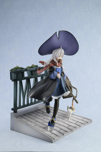 Wandering Witch The Journey of Elaina Elaina DX Ver. 1/7 Scale Figure Rerelease featuring Elaina seated on a bench with witch hat, broom, travel bag, cat, and stone-pavement display base.