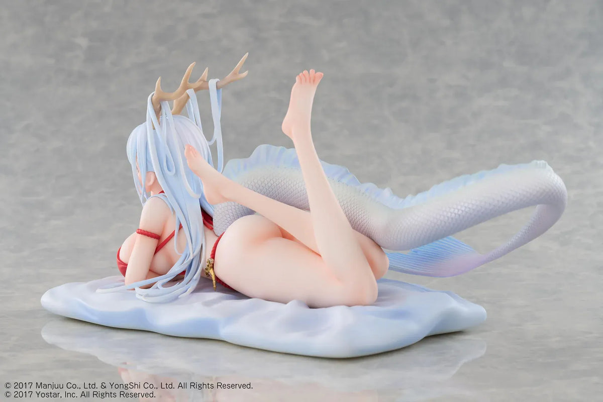 Azur Lane Shimanto 1/7 scale figure reclining on a pale cushion with icy-blue hair, branching horns, a red outfit, and a curling dragon tail.