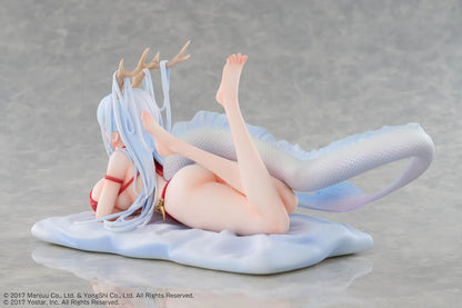 Azur Lane Shimanto 1/7 scale figure reclining on a pale cushion with icy-blue hair, branching horns, a red outfit, and a curling dragon tail.