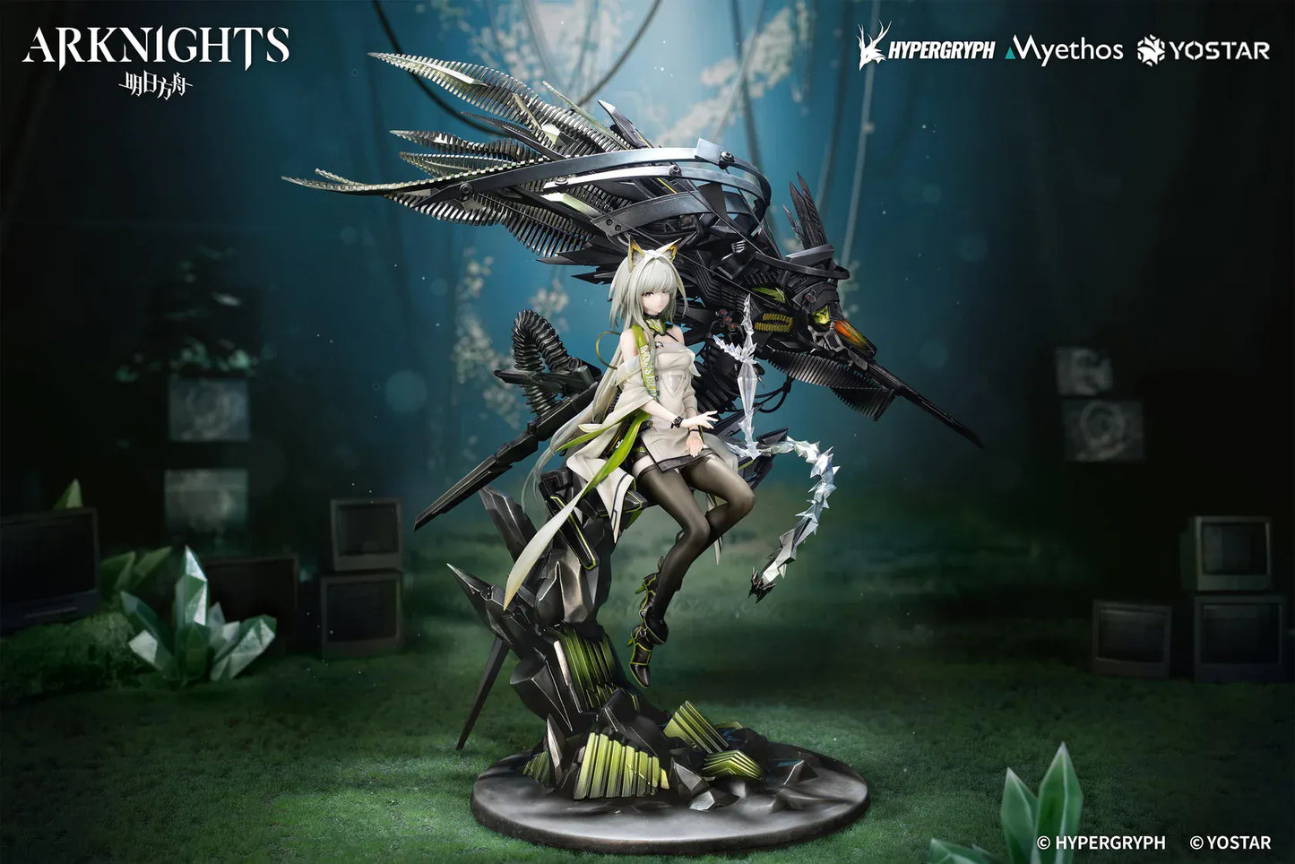 Arknights Kal'tsit Esperanta 1/7 Scale Figure with white-and-green outfit, mechanical display element, long hair, and detailed sci-fi base