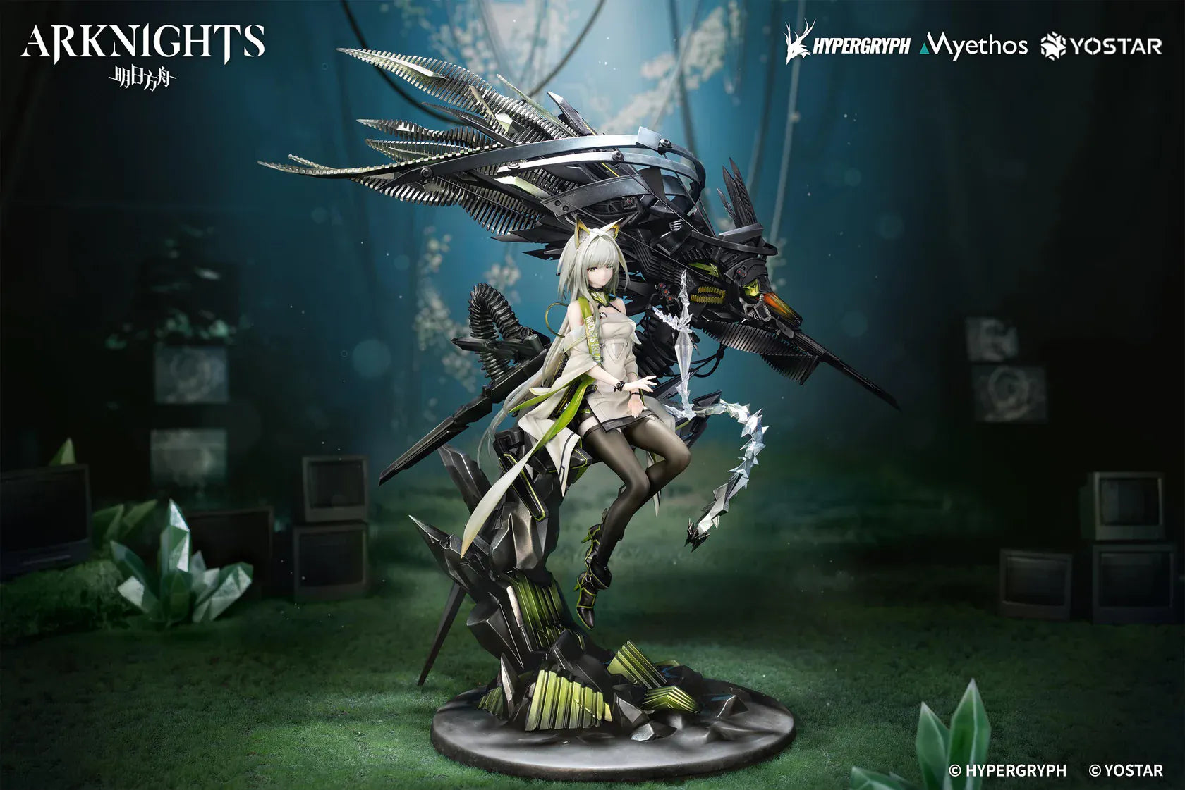 Arknights Kal'tsit Esperanta 1/7 Scale Figure with white-and-green outfit, mechanical display element, long hair, and detailed sci-fi base