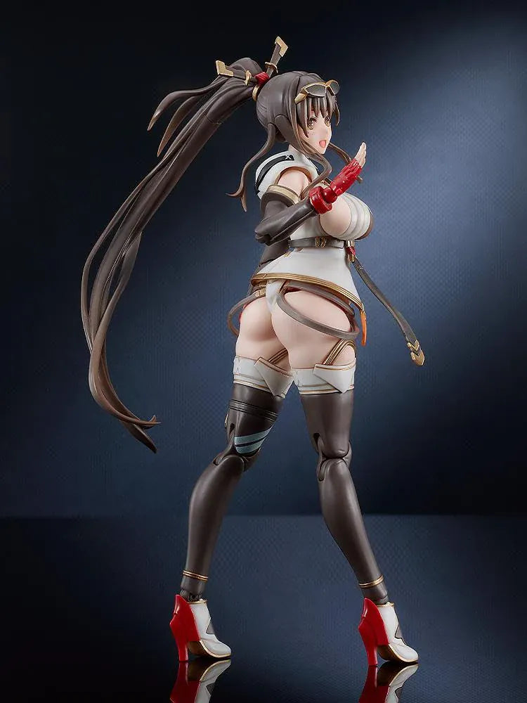 PLAMATEA MX-chan Model Kit featuring MX-chan in a black, white, and brown tactical outfit with red gloves and a large weapon case