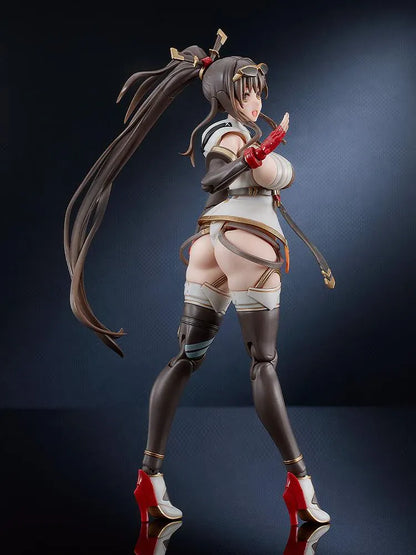 PLAMATEA MX-chan Model Kit featuring MX-chan in a black, white, and brown tactical outfit with red gloves and a large weapon case