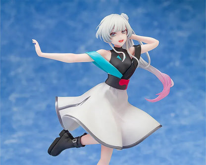 Yachiyo Runami Collaboration Concert Ver. figure with silver and pink-tipped hair, a white concert dress, and black boots, posed with one leg lifted.