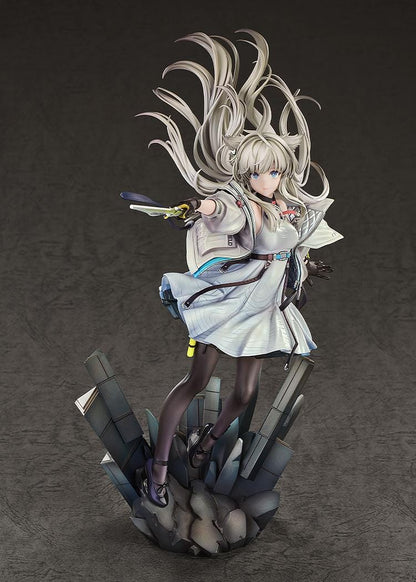 Arknights Endfield Perlica 1/7 Scale Figure featuring Perlica with flowing silver hair, animal ear details, futuristic white outfit, weapon accessory, and crystal-style display base.
