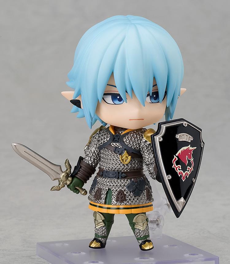 Final Fantasy XIV Nendoroid Haurchefant with pale blue hair, silver chainmail, a sword, and a black shield bearing a red unicorn emblem.