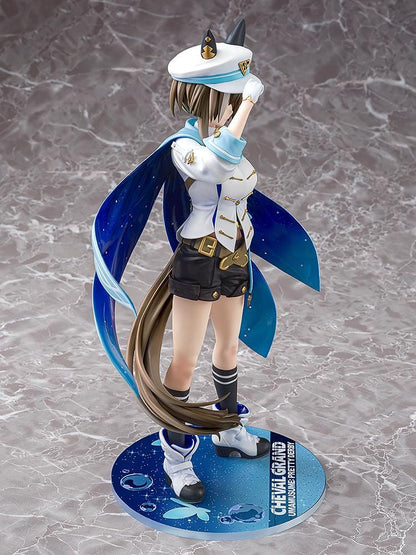 Umamusume Pretty Derby Cheval Grand 1/7 Scale Figure Rerelease featuring Cheval Grand with horse ears, blue-and-white race outfit, starry blue cape, cap, and sporty boots.