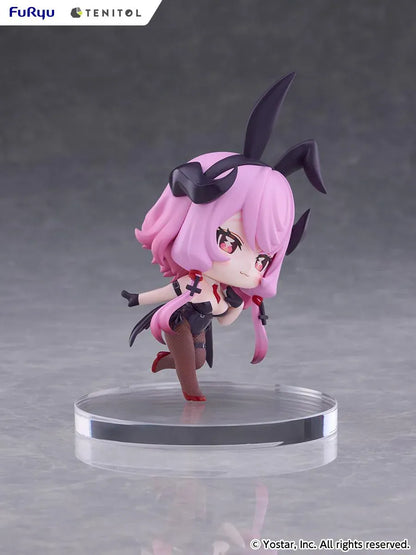 Stella Sora TENITOL Mini Bernina Bunny Figure by FuRyu featuring a pink-haired anime girl with reddish-pink eyes, black bunny ears, a black bunny outfit, fishnet tights, red accents, and bat-like wings in a playful pose.