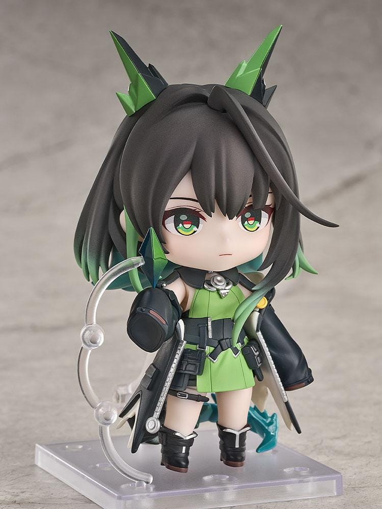 Arknights Nendoroid Mon3tr figure wearing a black-and-green tactical outfit with oversized gauntlets and crystalline appendages.