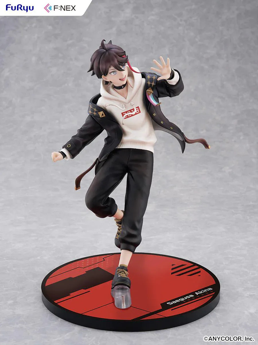 Nijisanji Saegusa Akina 1/7 Scale Figure with black jacket, white hoodie, red accent, dynamic pose, and character-themed display base
