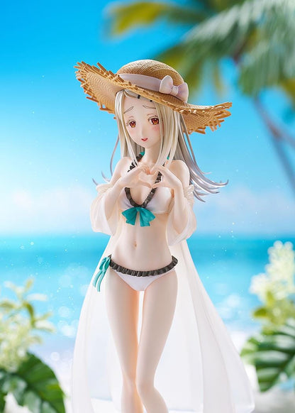 The Idolmaster Gakuen Hiro Shinosawa Swimsuit Ver 1/7 scale figure with straw hat, white swimsuit, and translucent beach cover-up on sand-style base