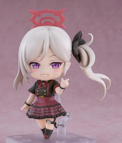 Blue Archive Nendoroid Mutsuki Asagi Figure with silver hair, pink halo, Gehenna Academy uniform, weapon, and black bag