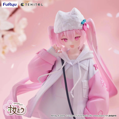 Vocaloid Tenitol Petit Sakura Miku Cool Style Figure featuring Sakura Miku in a pink and white hoodie outfit with twin-tails and a cat-shaped bag