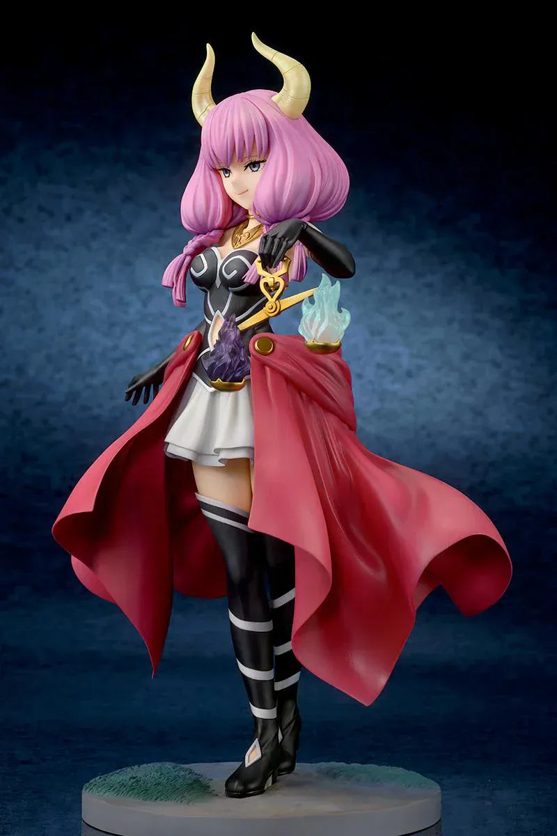 Frieren Beyond Journey’s End Aura the Guillotine 1/7 scale figure with pink hair, horns, flowing red cape, and scales accessory